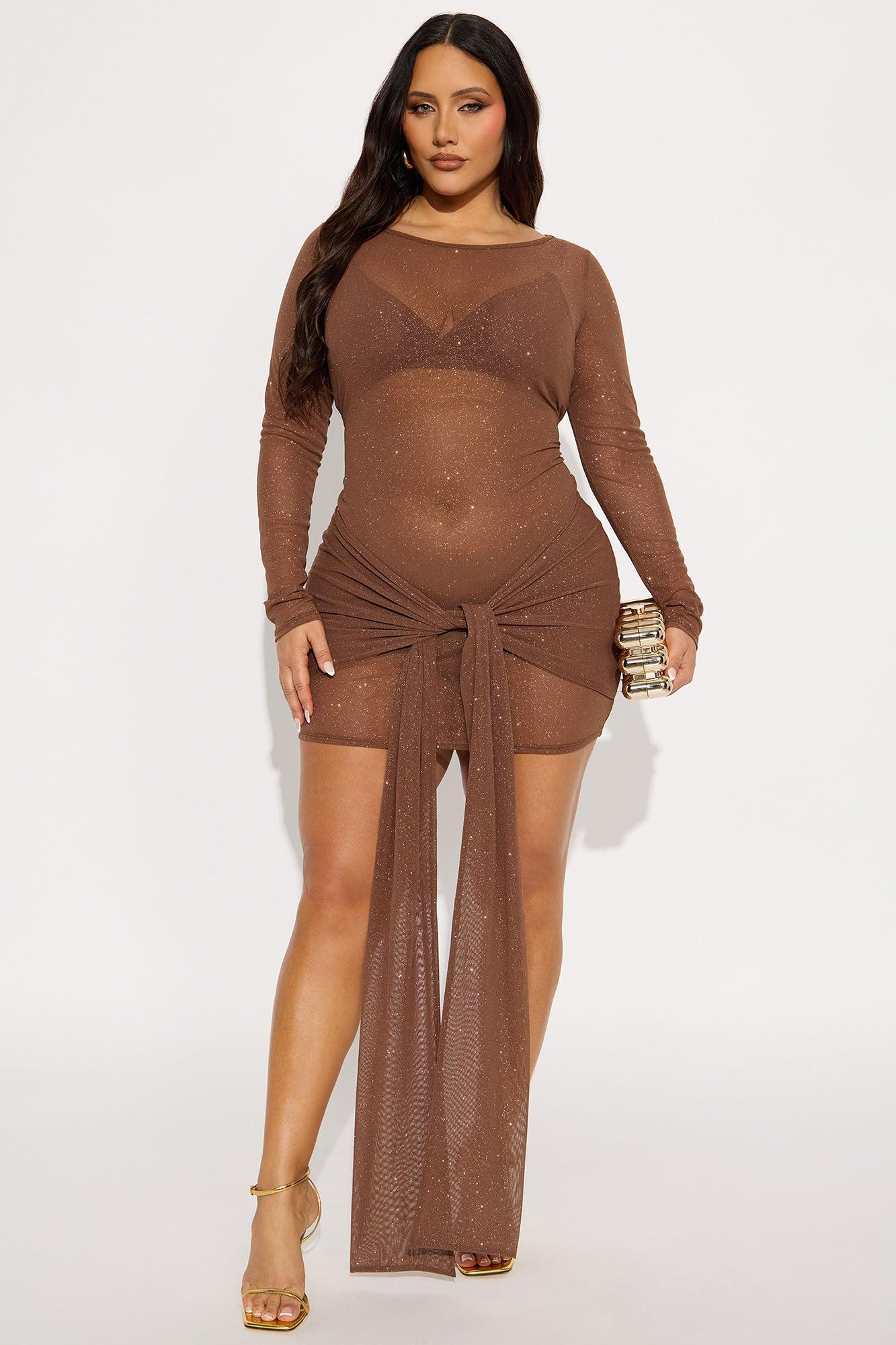 Yasmeen Sheer Glitter Mesh Mini Dress - Chocolate Female Product Image