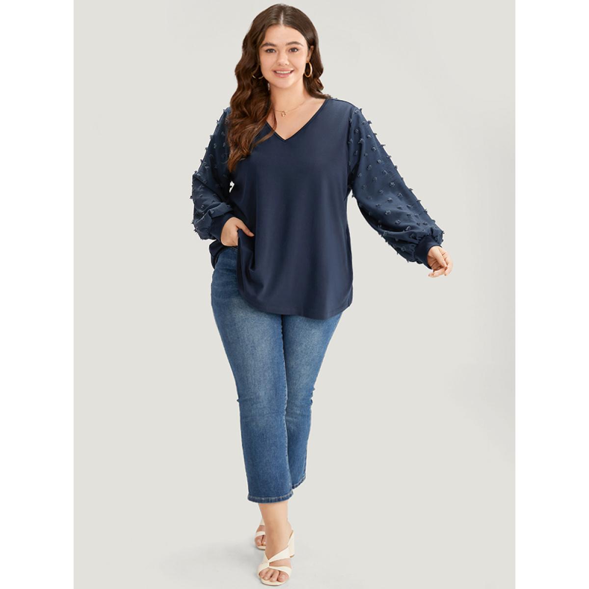 Plus Size Solid V Neck Patchwork Elastic Cuffs Sweatshirt Women Blue Elegant Elastic cuffs V-neck Dailywear Sweatshirts BloomChic 18-20/2X Product Image