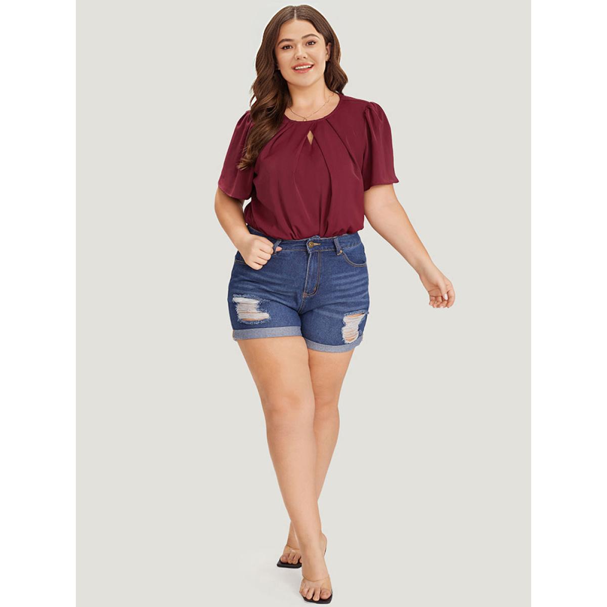 Plus Size Plain Keyhole Plicated Detail Puff Sleeve Bodysuit Women Burgundy Plain Keyhole Bodysuits BloomChic 28/5X Product Image