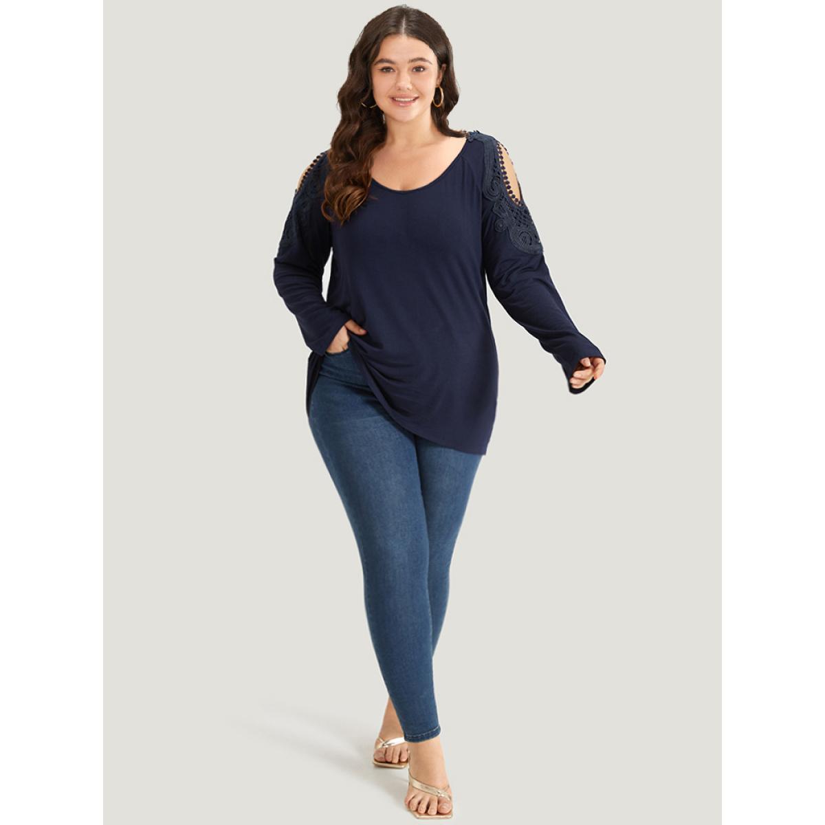 Plus Size Supersoft Essentials Cold Shoulder Eyelet Lace T-shirt Indigo Women Elegant Plain Plain V-neck Dailywear T-shirts BloomChic 14-16/1X Product Image