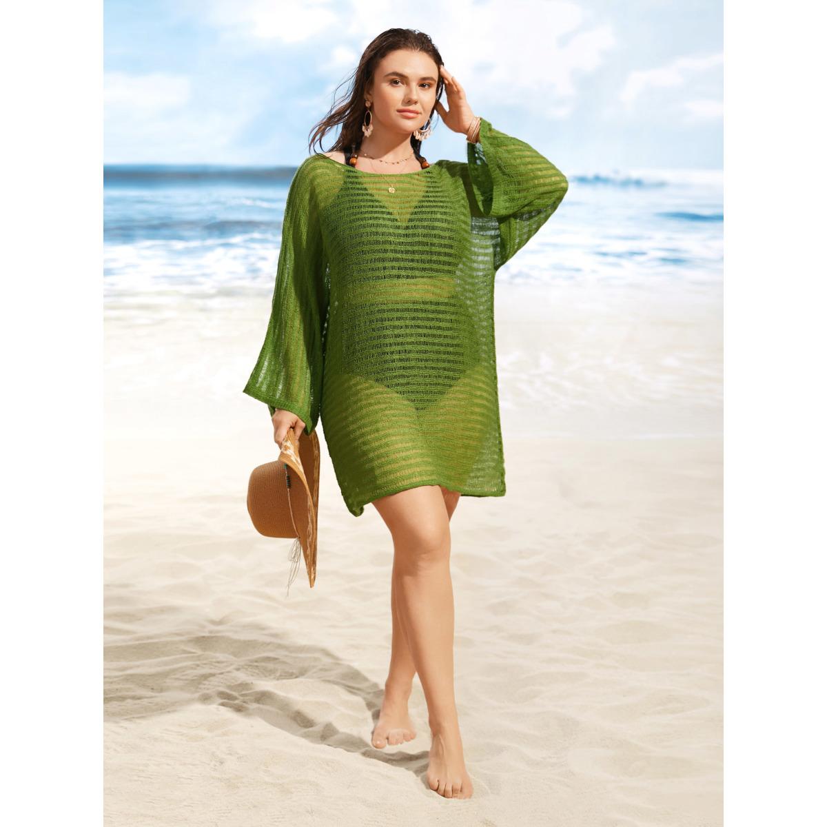 Plus Size Boat Neck Pointelle Knit Batwing Sleeve Swim Cover Up Women's Swimwear Moss Beach Loose Texture Curve Swim Cover Ups BloomChic 14-16/1X Product Image