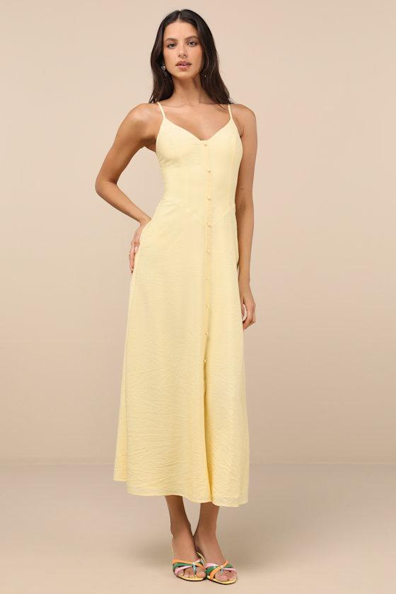 Sanya Light Yellow Button-Front Sleeveless Midi Dress Product Image