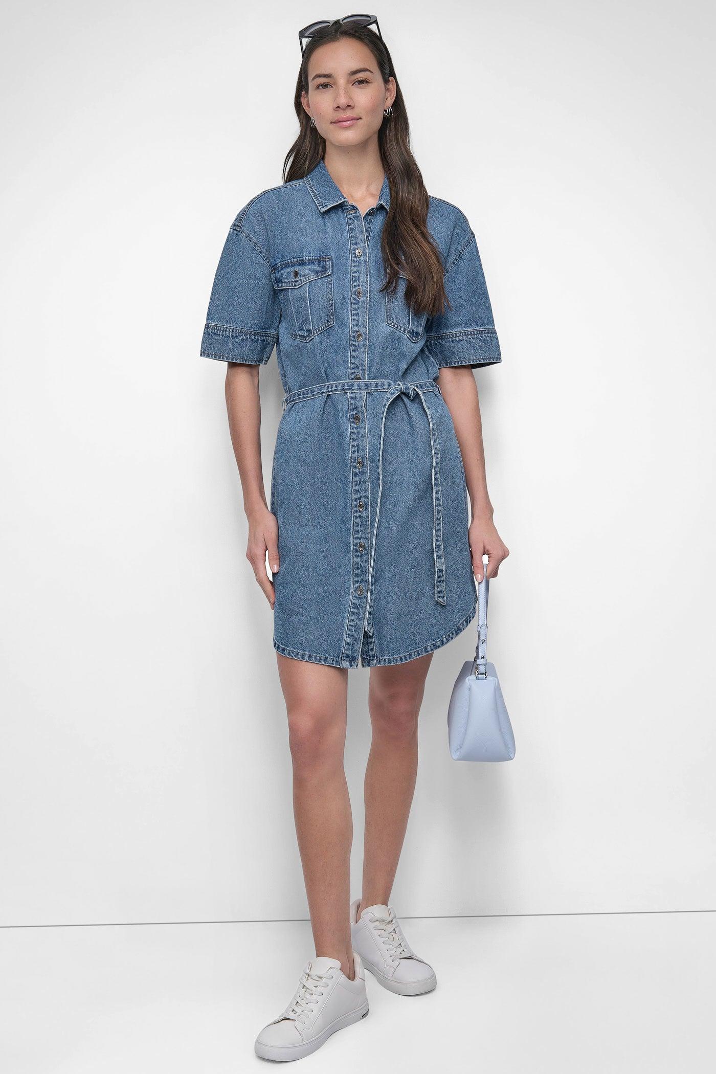 BELTED DENIM MINI SHIRT DRESS Product Image
