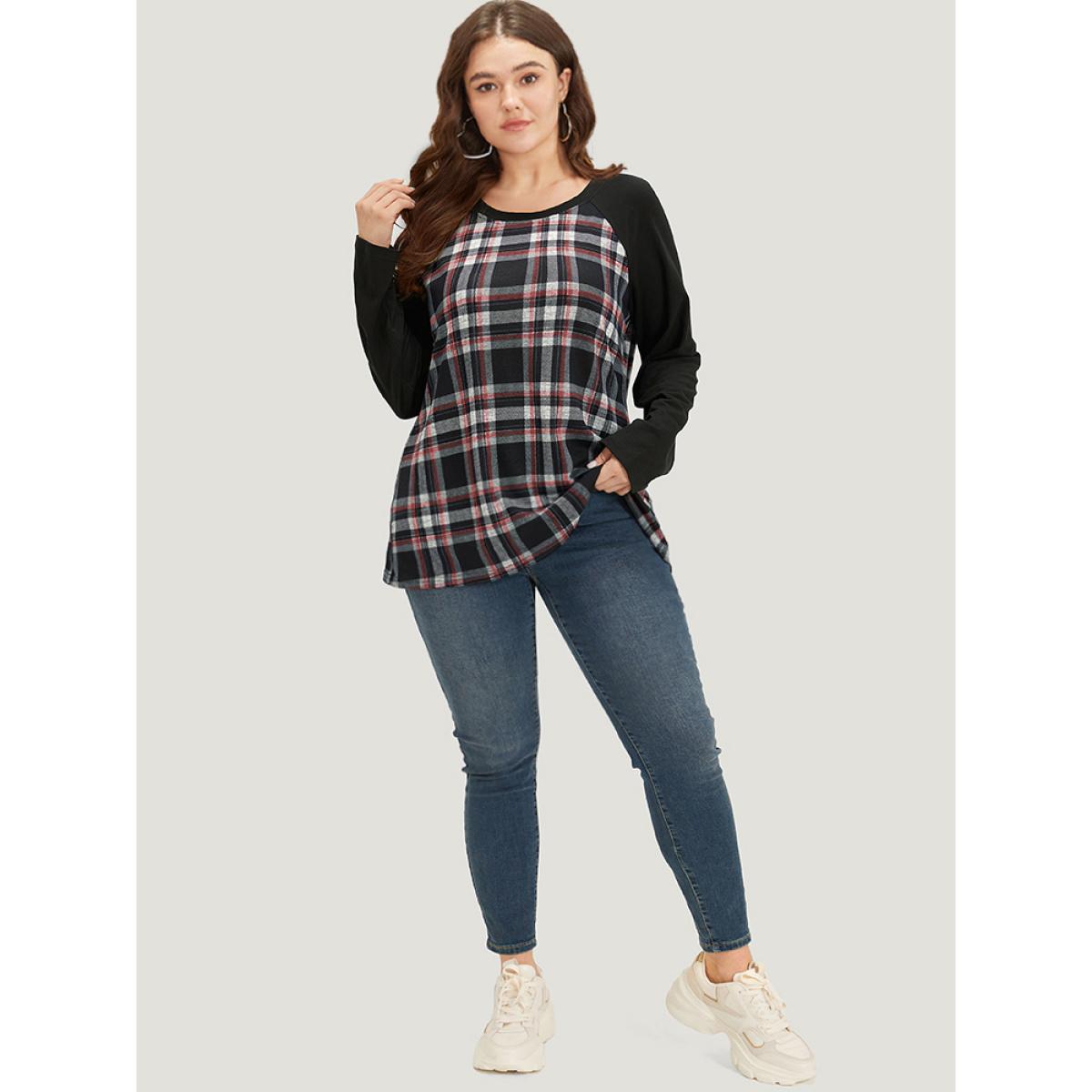 Plus Size Plaid Raglan Sleeve Crew Neck T-shirt Blue Women Casual Patchwork Plaid Round Neck Dailywear T-shirts BloomChic 10/M Product Image