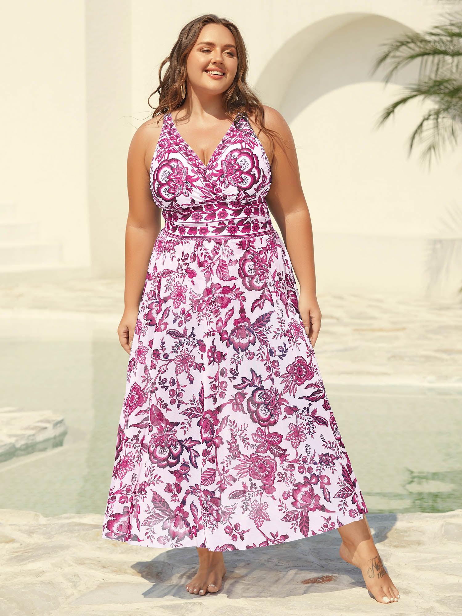 Two-Piece Floral Print Ruched Mesh Swimsuit, Sarong Female Product Image