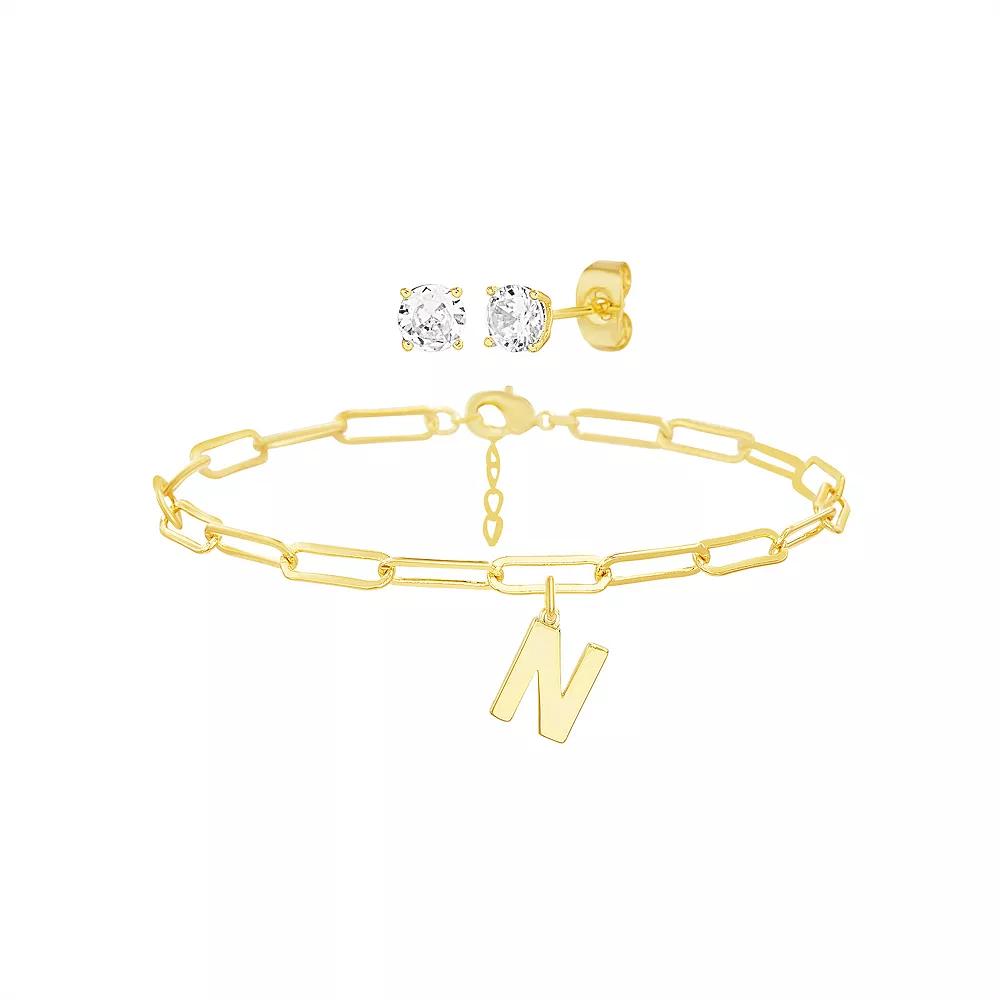 Paige Harper 14k Gold Plated Initial Charm Bracelet & Cubic Zirconia Stud Earring Set, Women's, Size: 7.5-8.5"AD, Gold Tone N Product Image