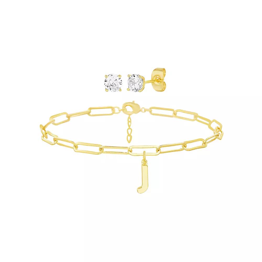 Paige Harper 14k Gold Plated Initial Charm Bracelet & Cubic Zirconia Stud Earring Set, Women's,  Product Image