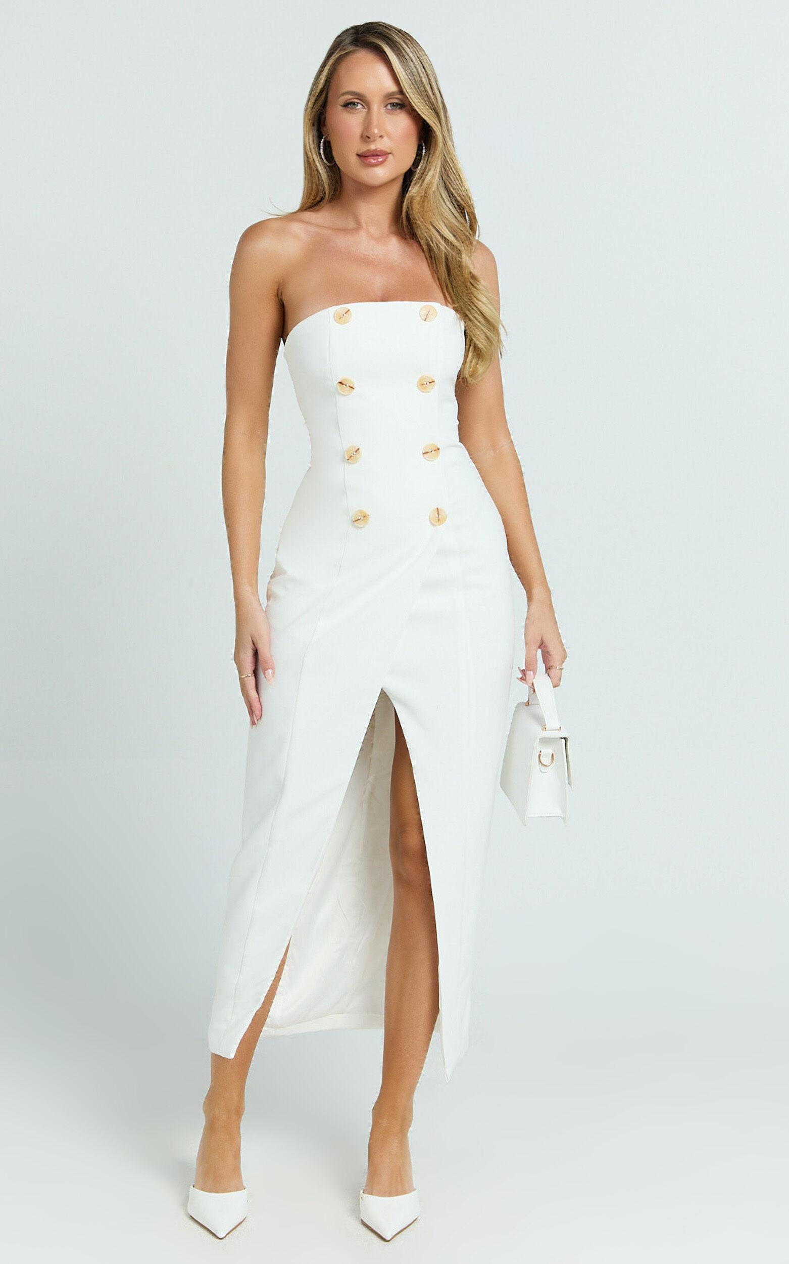 Carson Midi Dress - Strapless Double Breasted Wrap Fitted Dress in Off White Product Image