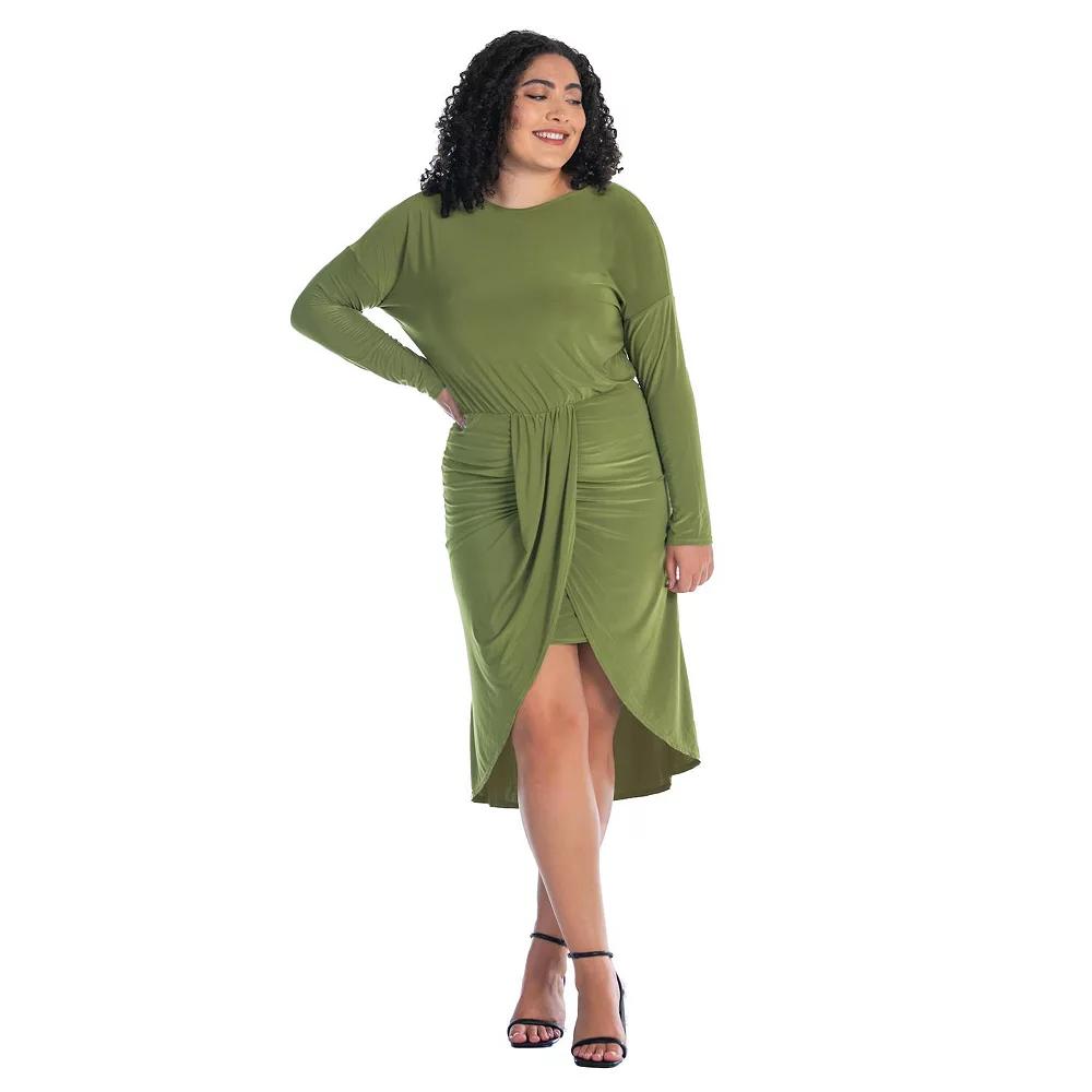 Plus Size 24Seven Comfort Apparel Long Sleeve Tulip Skirt Knee Length Dress, Women's, Size: 3XL, Avocado Product Image