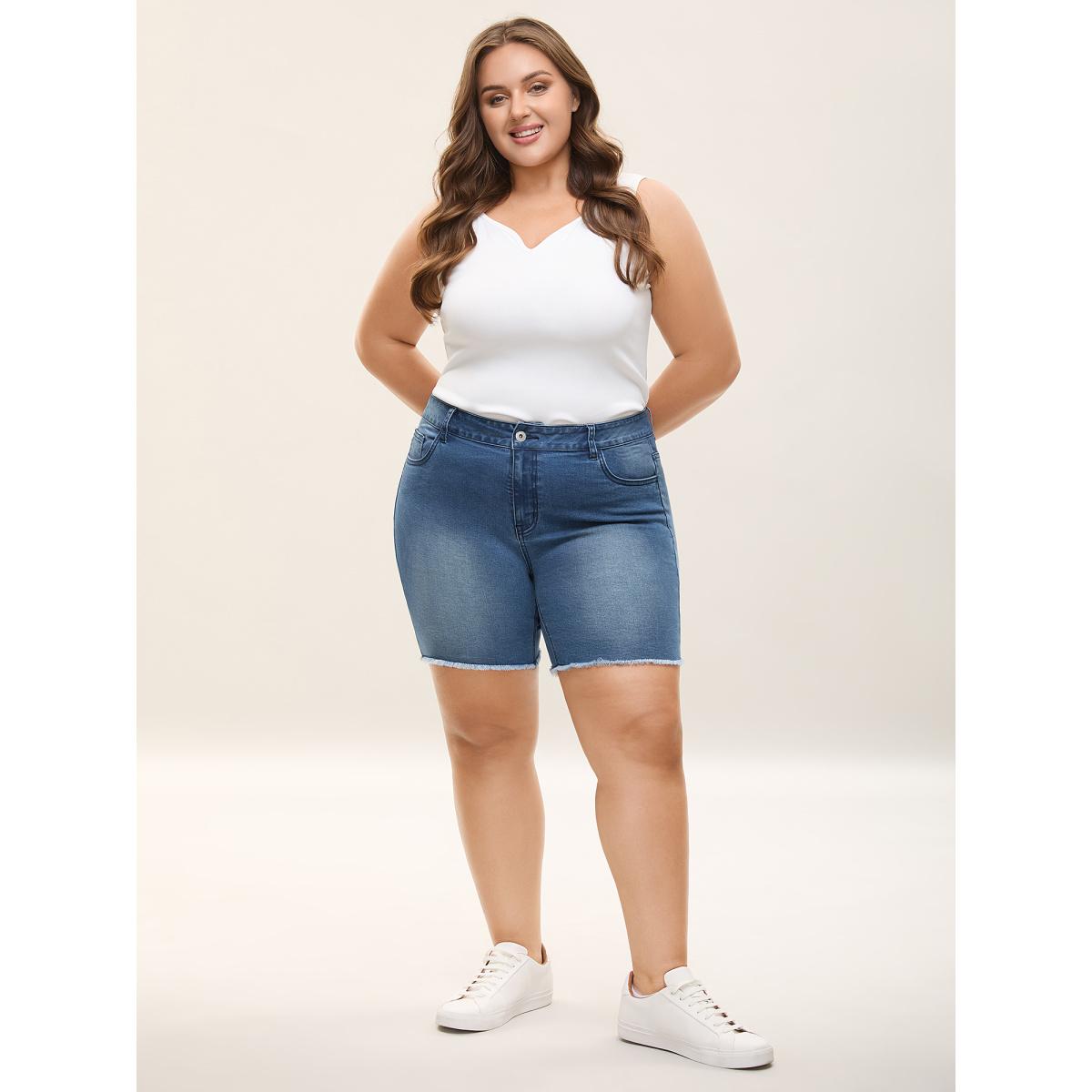 Plus Size Frayed Hem High Rise Denim Shorts Women Midblue Medium stretch Everyday-Casual Slanted pocket Denim Shorts BloomChic 16/1X Product Image