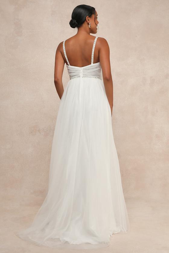 Glittering Romance White Rhinestone Tulle Bustier Maxi Dress Product Image
