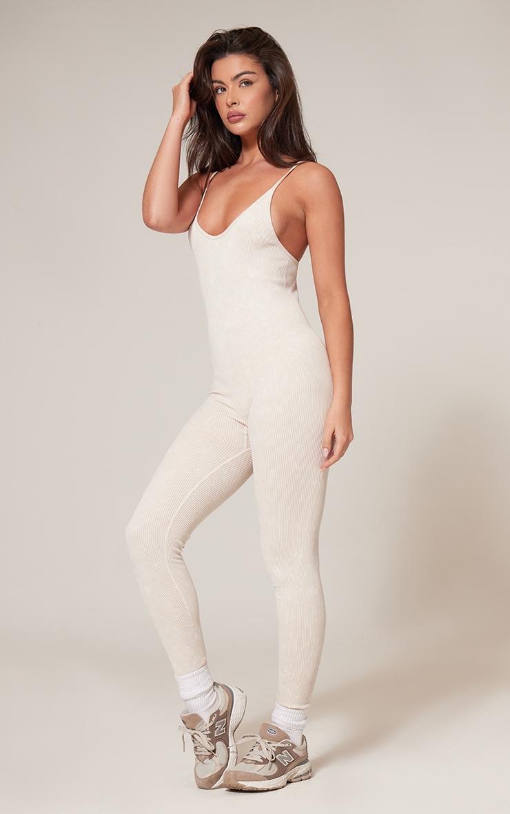 Cream Faded Snatched Rib Strappy Scoop Back Jumpsuit Product Image
