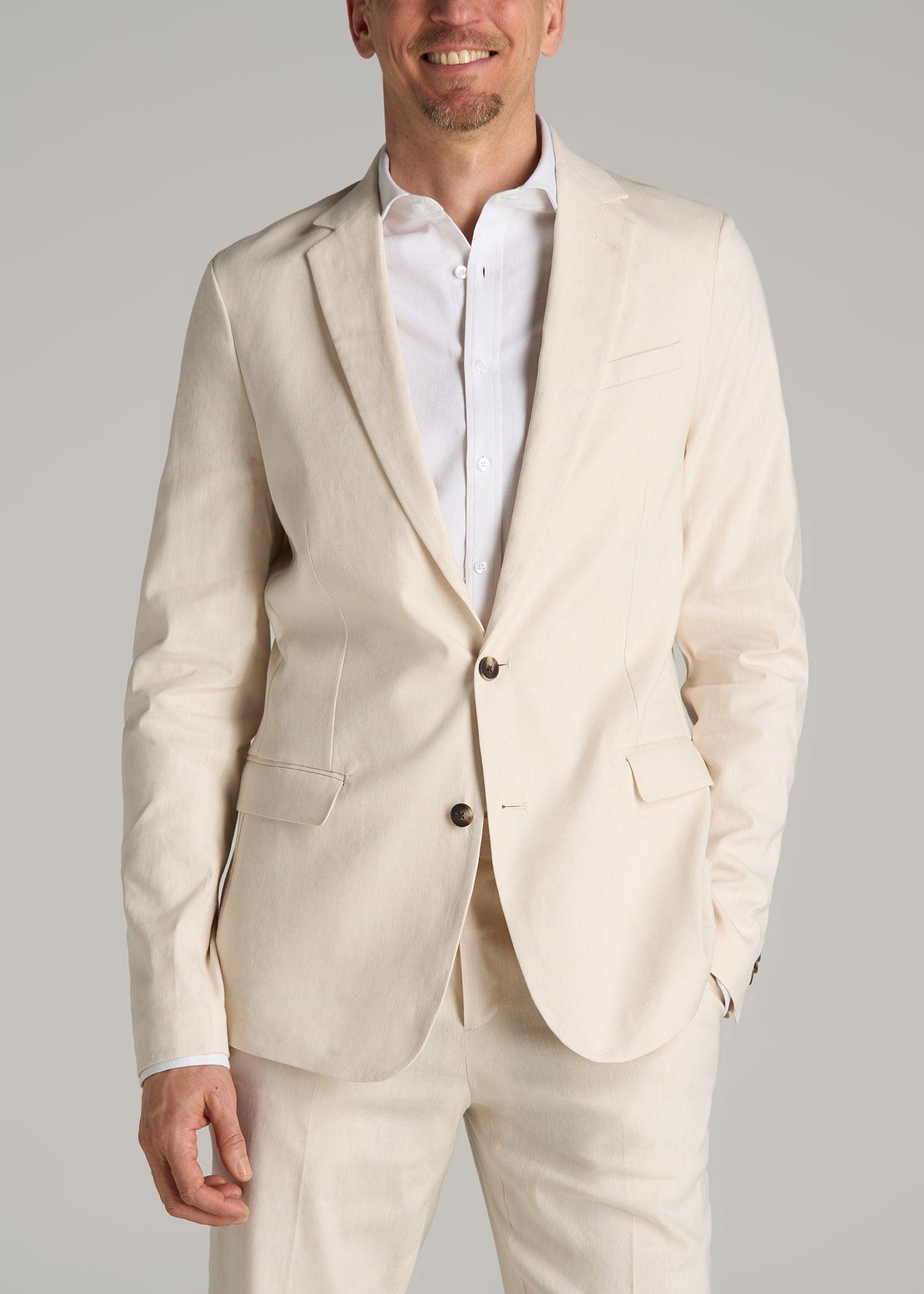 Stretch Linen Blazer for Tall Men in Light Beige Linen Male Product Image