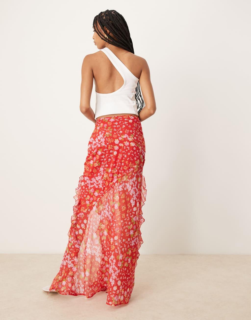 ASOS DESIGN Tall chiffon ruffle maxi skirt in floral print Product Image