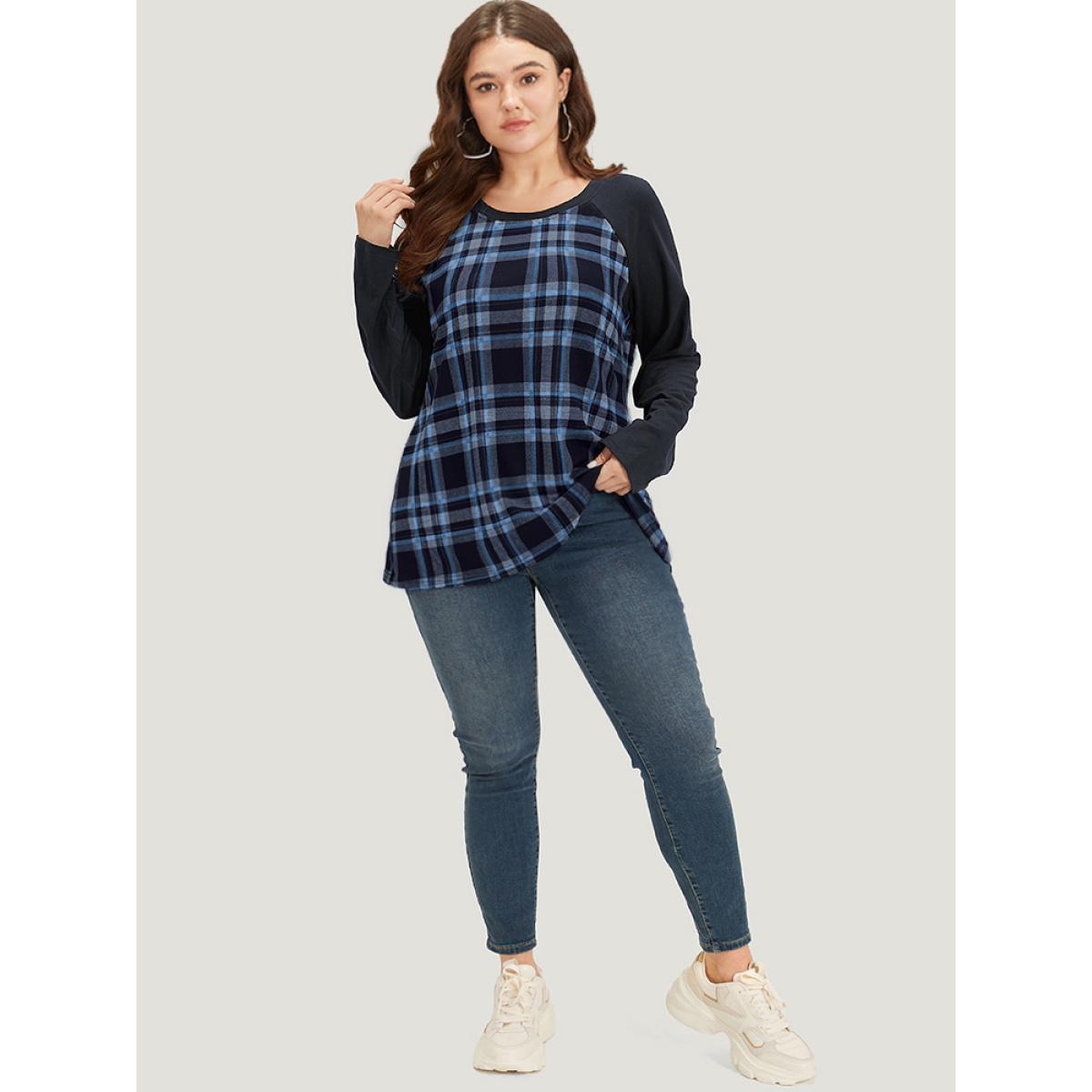Plus Size Plaid Raglan Sleeve Crew Neck T-shirt DarkBrown Women Casual Patchwork Plaid Round Neck Dailywear T-shirts BloomChic 18-20/2X Product Image
