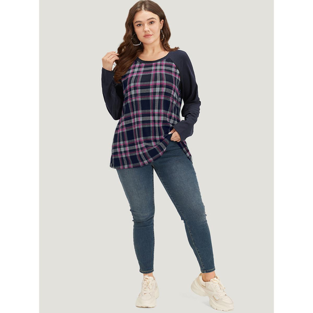 Plus Size Plaid Raglan Sleeve Crew Neck T-shirt DarkBrown Women Casual Patchwork Plaid Round Neck Dailywear T-shirts BloomChic 18-20/2X Product Image