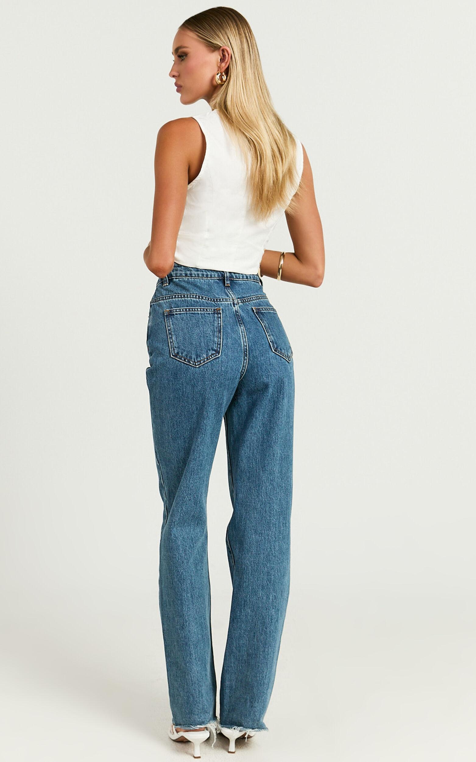 Dexter Jeans - High Waisted Straight Leg Denim Jeans in Dark Blue Wash Product Image