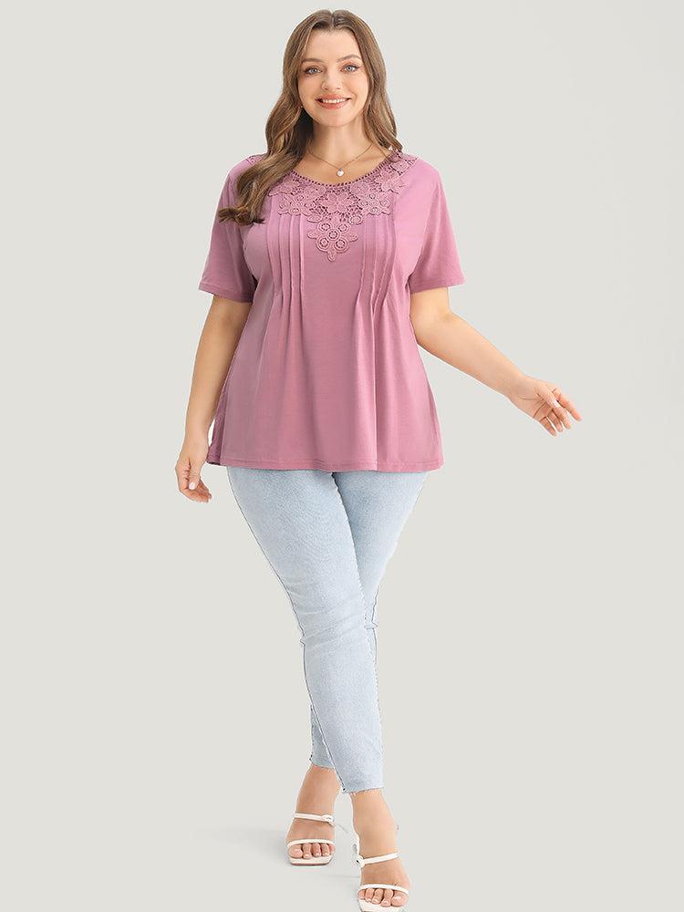 Solid Floral Patchwork Pleated Front T-shirt Female Product Image