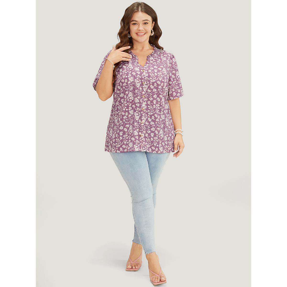 Plus Size Mauve Ditsy Floral Button Up Frill Trim Notched Blouse Women Elegant Short sleeve Notched collar Dailywear Blouses BloomChic 22-24/3X Product Image