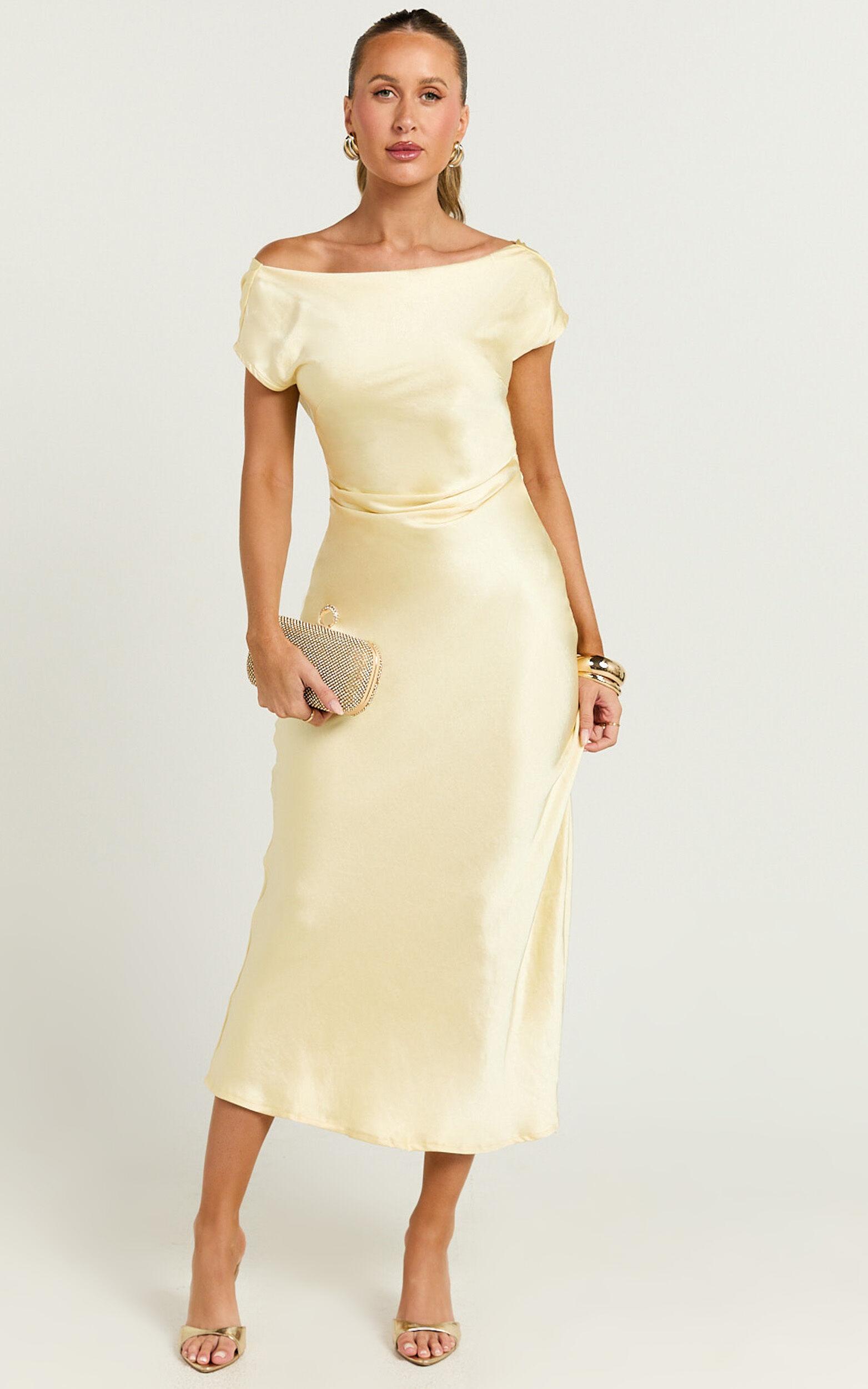 Menette Midi Dress - Short Sleeve Low Back Dress in Butter Product Image