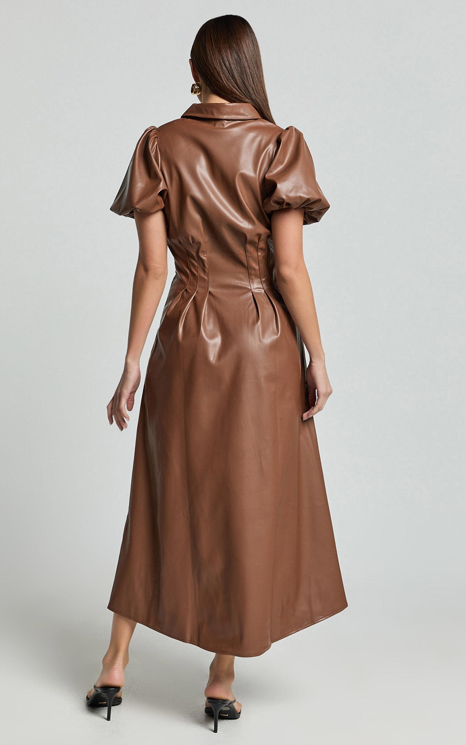 Ziva Midi Dress - Short Puff Sleeve Button Through Dress in Chocolate Product Image