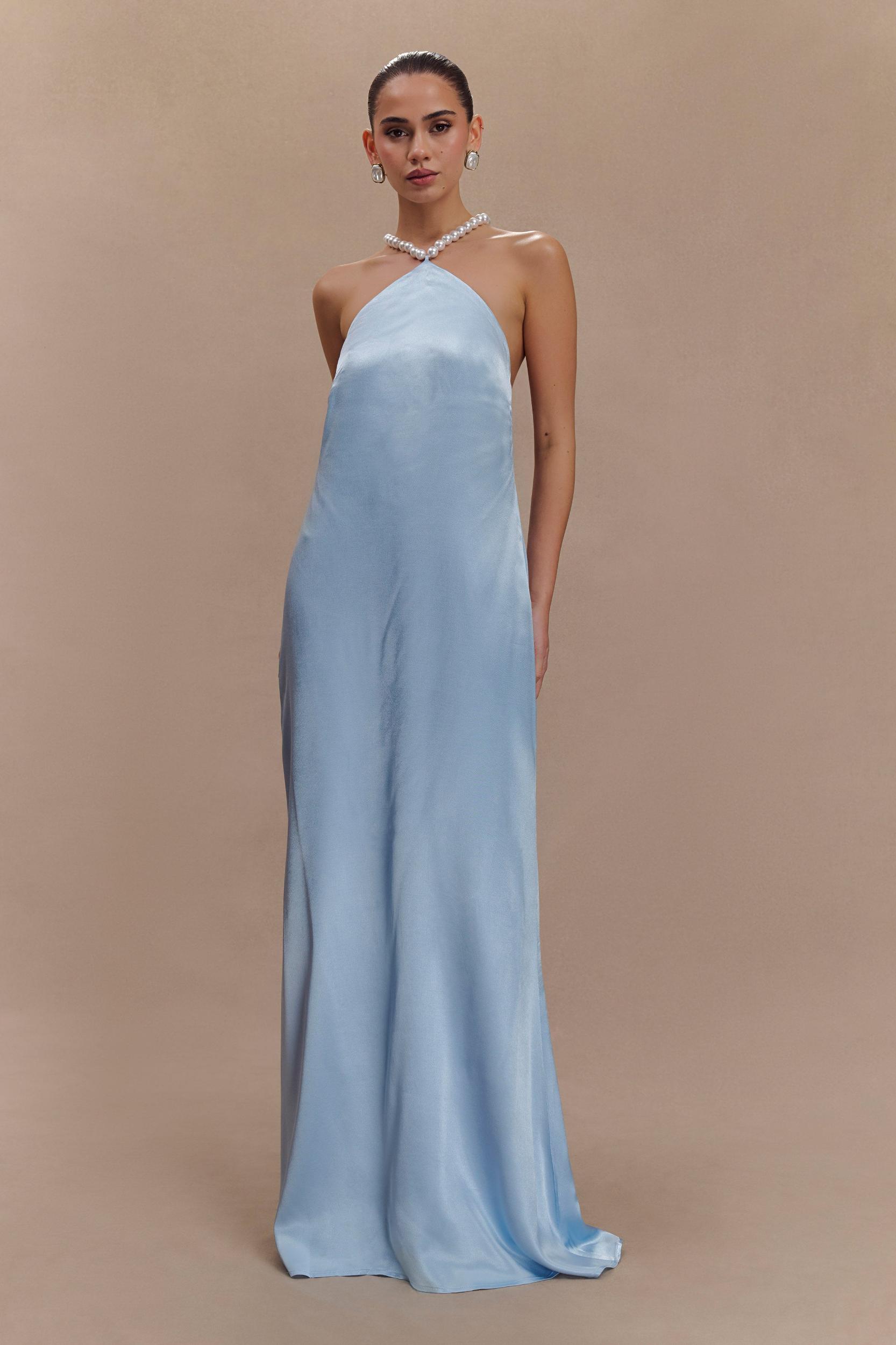Blanche Satin Pearl Halter Maxi Dress - Cornflower Blue Product Image