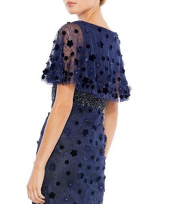 Mac Duggal V-Neck Short Flutter Sleeve Floral Pleated Cape Back Sheath Gown Product Image