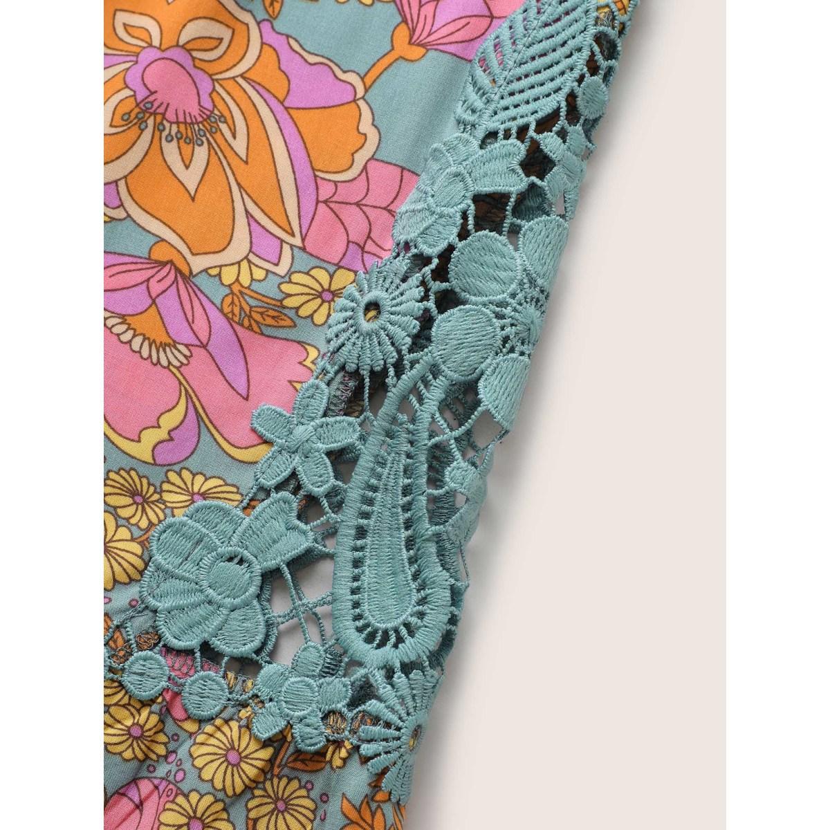 Plus Size Stone Boho Print Guipure Lace Ruffles Blouse Women Boho Elbow-length sleeve V-neck Vacation Blouses BloomChic 28/5X Product Image