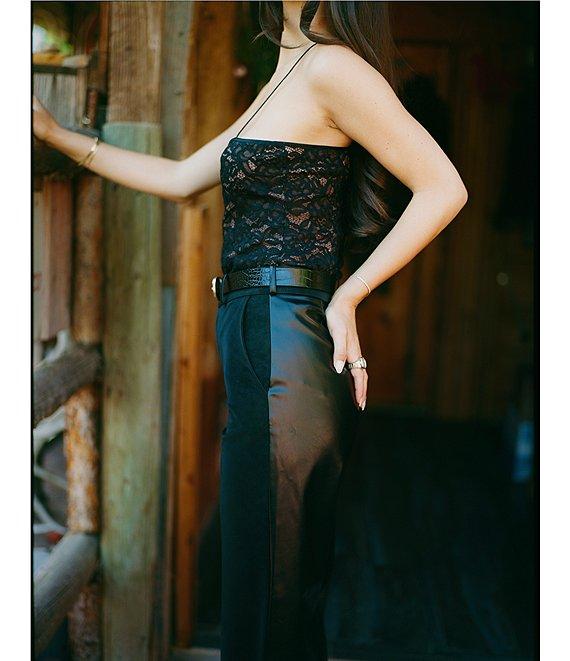 Gianni Bini x Sydney Silverman The Mickey Faux Patent Leather And Faux Suede Belted High Rise Straight Leg Pants Product Image