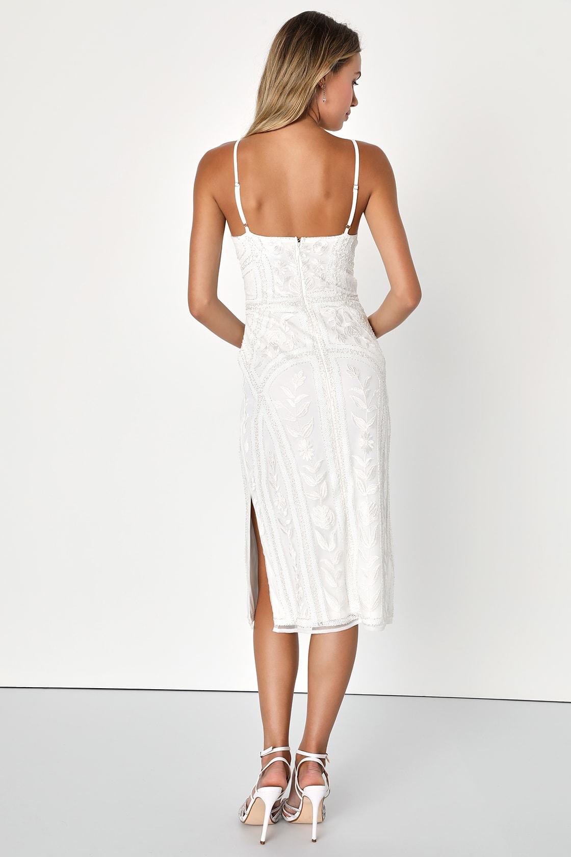 Alluring Interest White Sequin Embroidered Sleeveless Midi Dress Product Image
