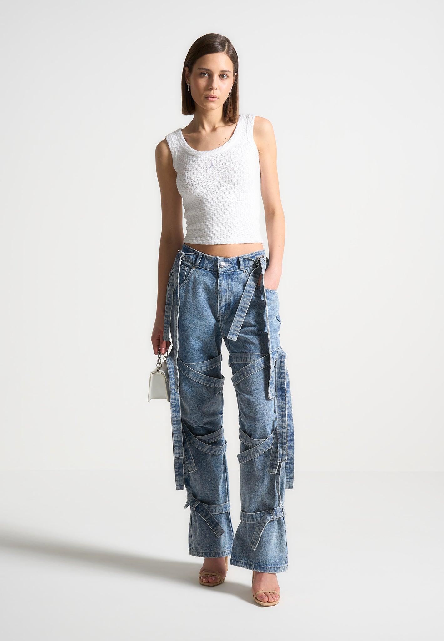 Talia - Denim Strap Cargo Jeans - Mid Blue Female Product Image