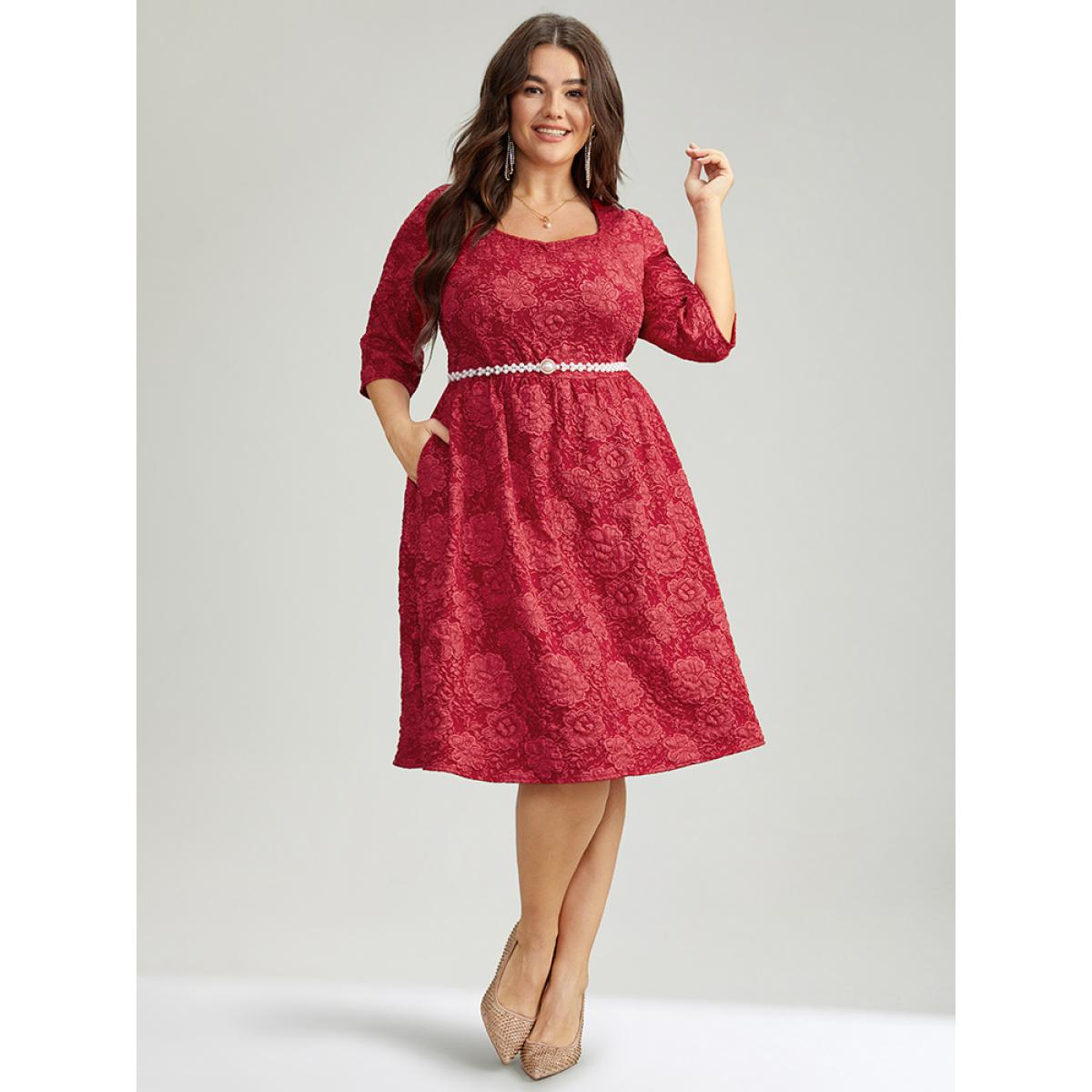 Plus Size Plain Textured Square Neck Pocket Dress Raspberry Women Party Texture Square Neck Elbow-length sleeve Curvy Knee Dress BloomChic 12/L Product Image