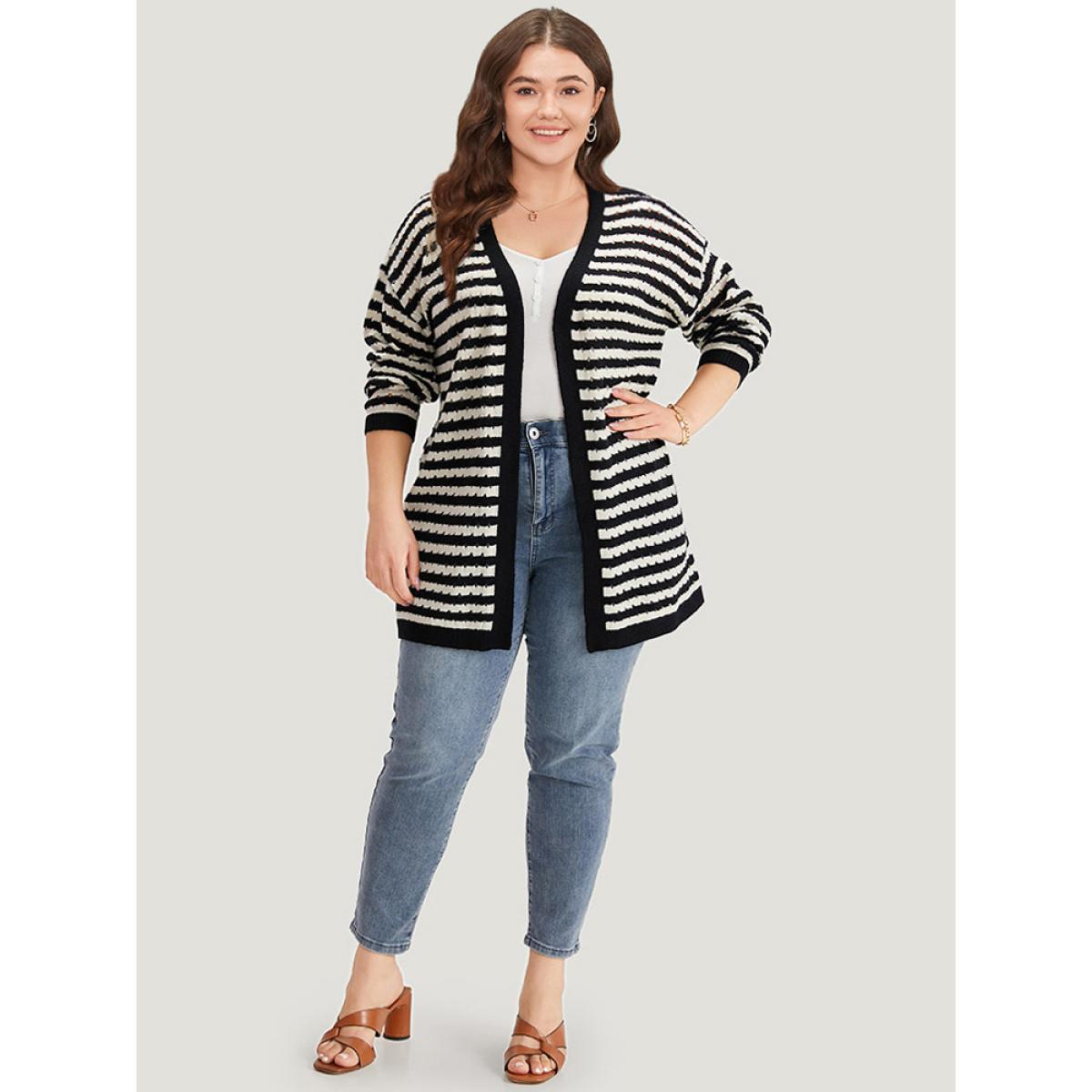 Plus Size Striped Geo Eyelet Drop Shoulder Cardigan Black Women Casual Loose Long Sleeve Dailywear Cardigans BloomChic 22-24/3X Product Image