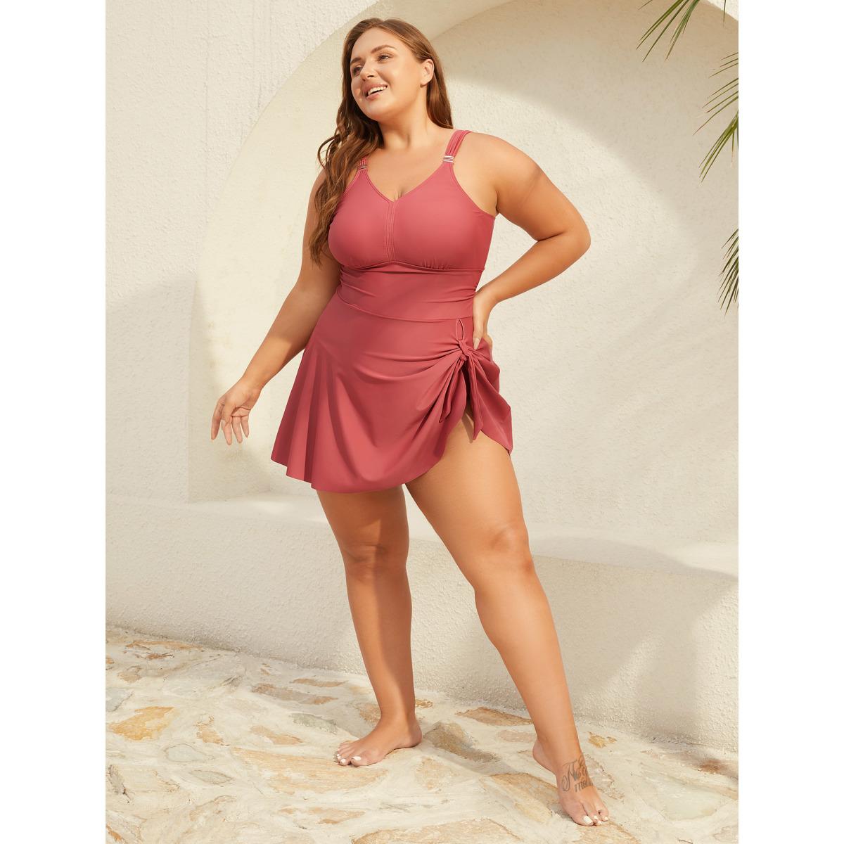 Plus Size Curved Hem Knotted Plain Swim Dress Women's Swimwear Rouge Beach Bodycon V-neck High stretch Curve Swim Dresses BloomChic 28/5X Product Image