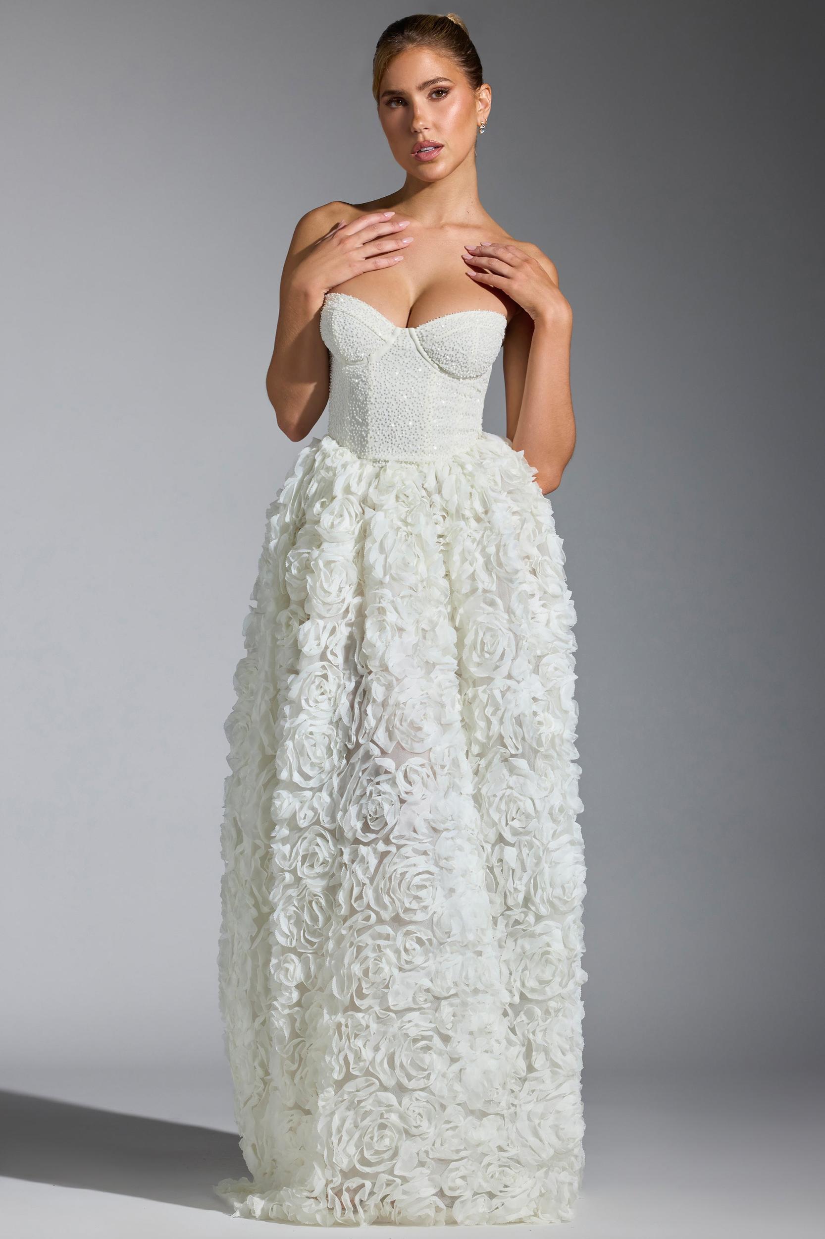 Embellished Floral-Appliqué Corset Gown in White Product Image