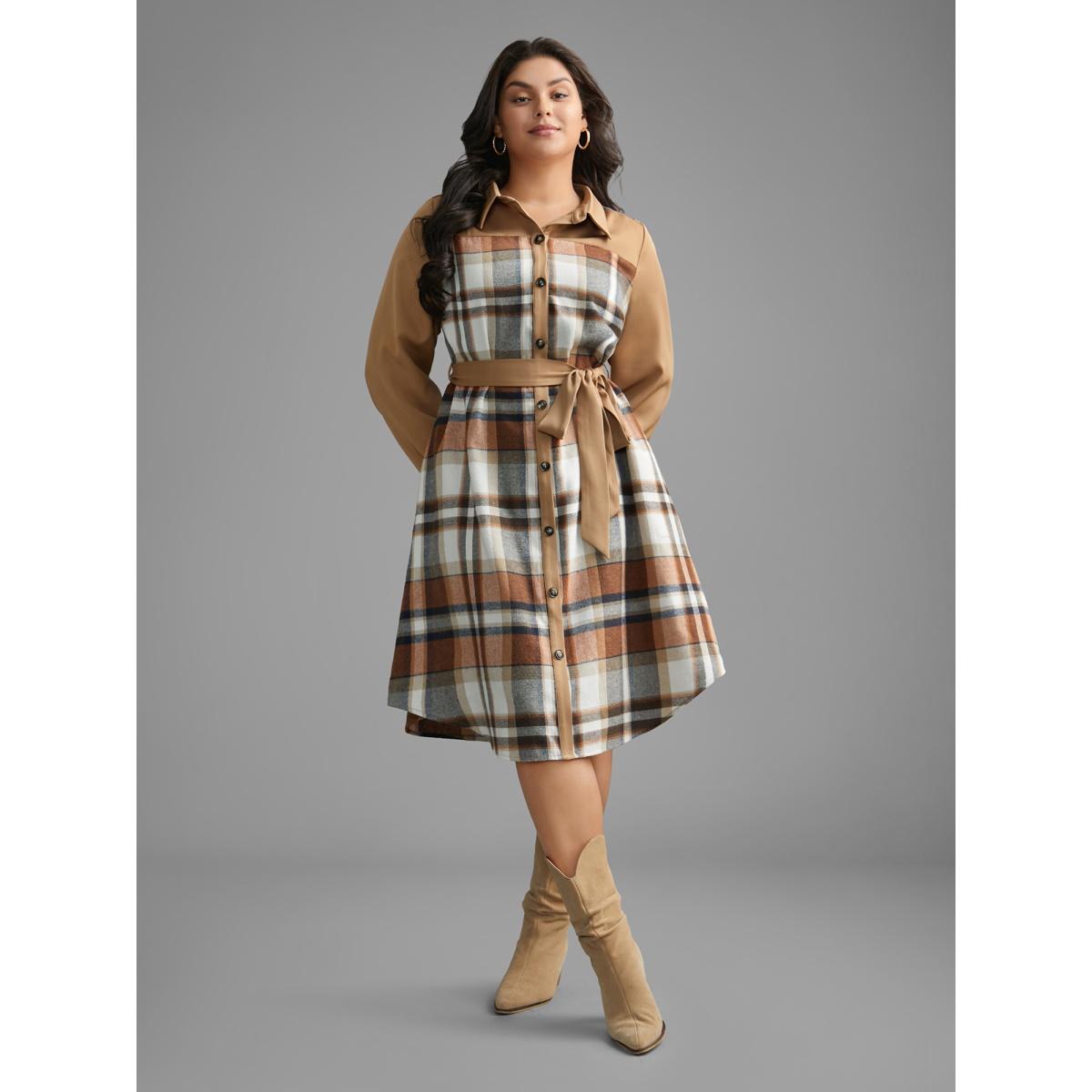 Plus Size Shirt Collar Plaid Patchwork Belted Dress Bronze Women Casual Belted Shirt collar Long Sleeve Curvy BloomChic 14-16/1X Product Image