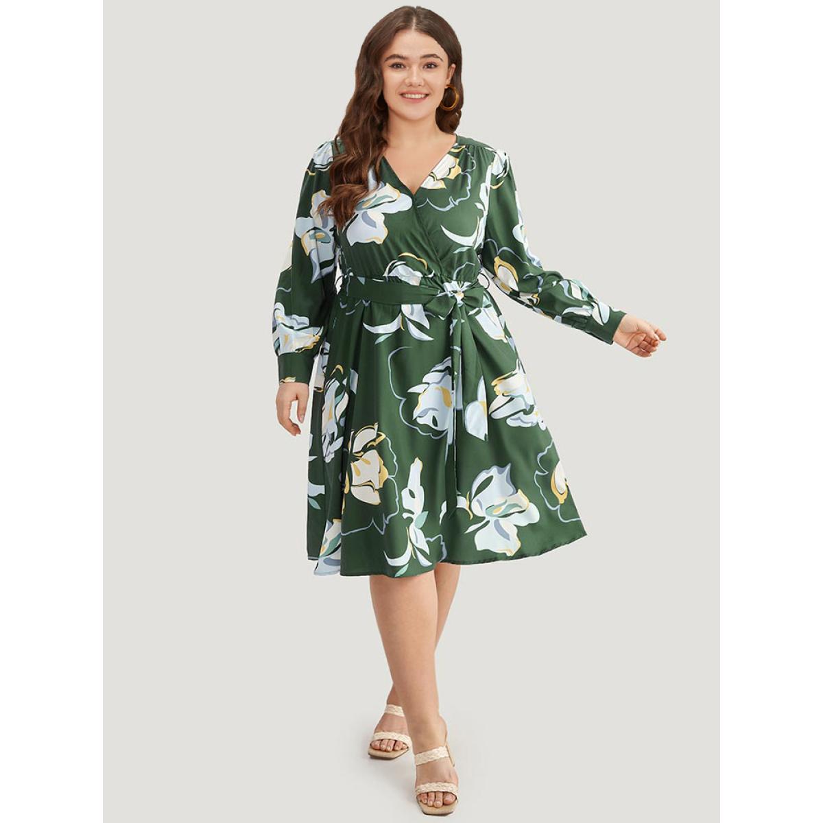 Plus Size Floral Print Belted Long Sleeve Dress DarkGreen Women Vacation Belted V-neck Long Sleeve Curvy Midi Dress BloomChic 28/5X Product Image