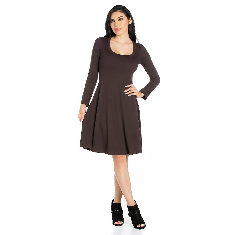 Women's 24seven Comfort Apparel Classic Scoopneck Long Sleeve Flared Mini Dress,  Product Image