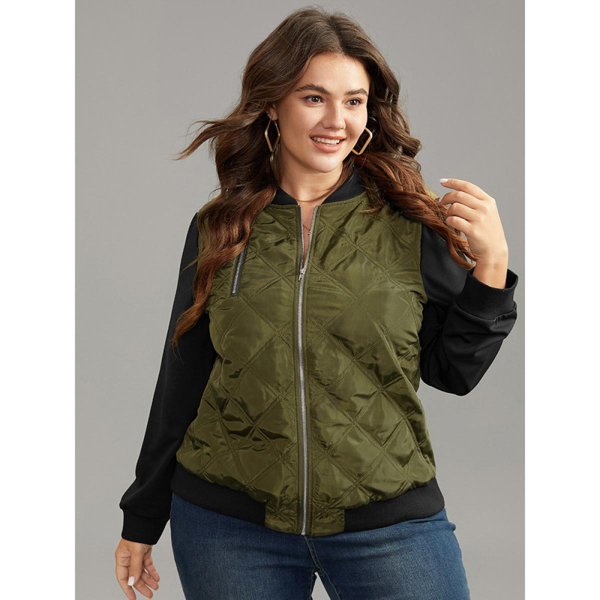 Plus Size Contrast Patchwork Quilted Zipper Bomber Jacket Women ArmyGreen Elastic cuffs Everyday Jackets BloomChic 22-24/3X Product Image