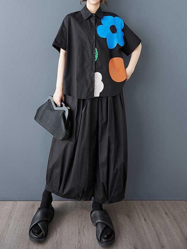 Loose Short Sleeves Buttoned Flower Print Lapel Blouses&Shirts Tops Product Image