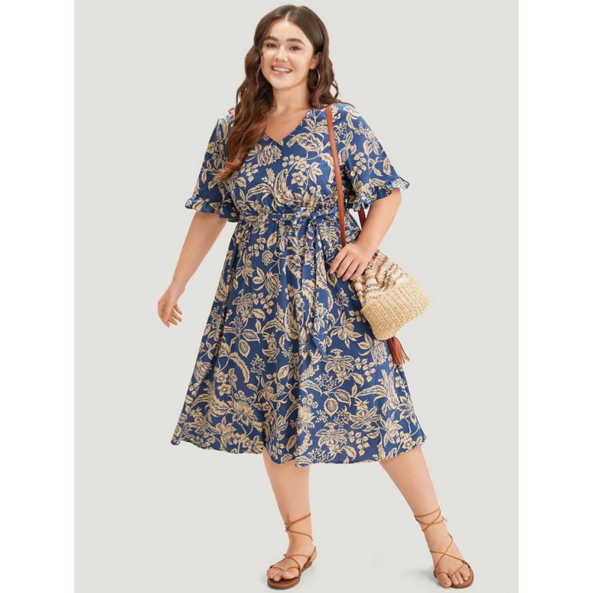 Plus Size Silhouette Floral Print Belted Flutter Trim Dress DarkBlue Women Vacation Gathered V-neck Short sleeve Curvy Midi Dress BloomChic 26/4X Product Image
