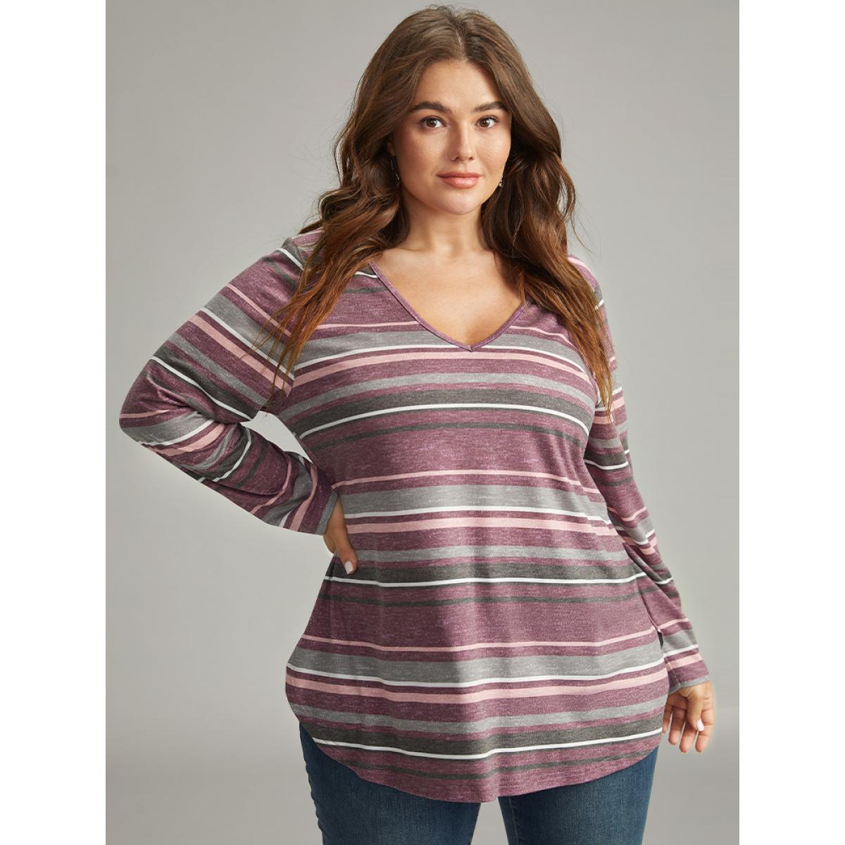 Plus Size Striped Contrast Heather Arc Hem T-shirt Multicolor Women Casual Heather Striped V-neck Everyday T-shirts BloomChic 14-16/1X Product Image