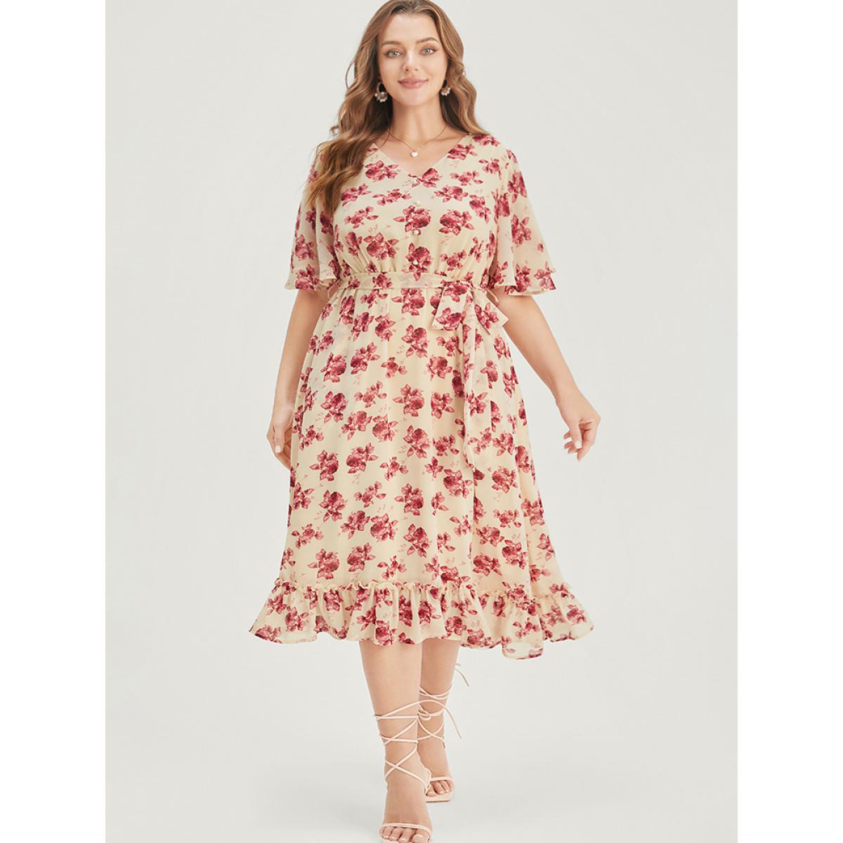Plus Size Floral Print Pearl Beaded Pocket Belt Ruffle Hem Dress DustyPink Women Elegant Lined V-neck Short sleeve Curvy Midi Dress BloomChic 12/L Product Image