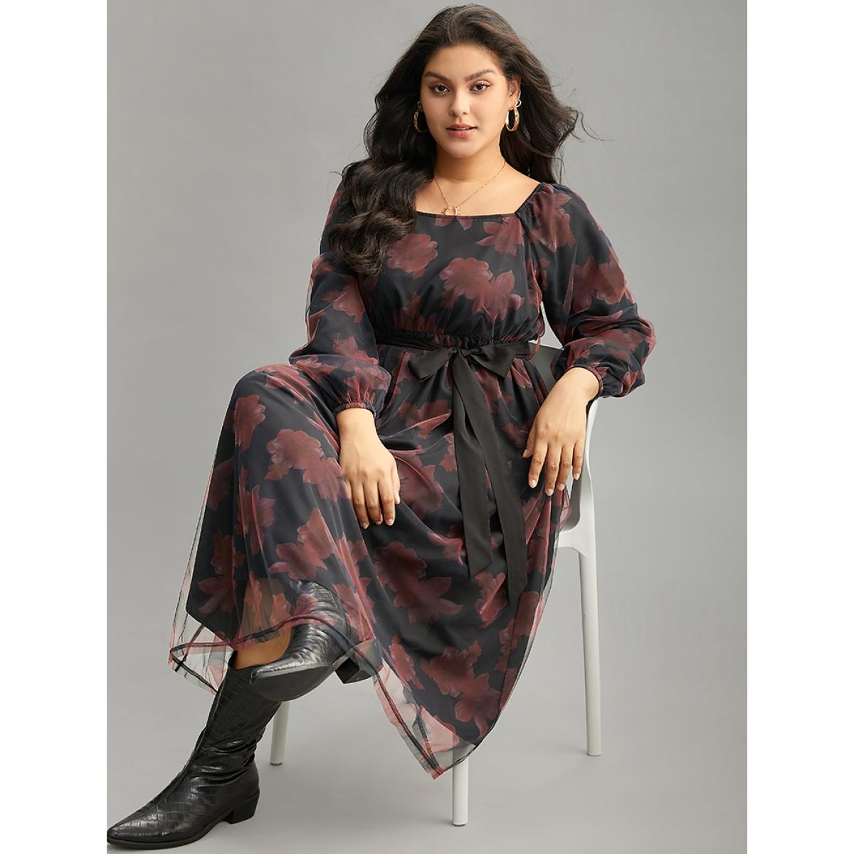Plus Size Floral Mesh Belted Gathered Lantern Sleeve Dress BlackFlower Women Casual Elastic cuffs Square Neck Long Sleeve Curvy Midi Dress BloomChic 12/L Product Image
