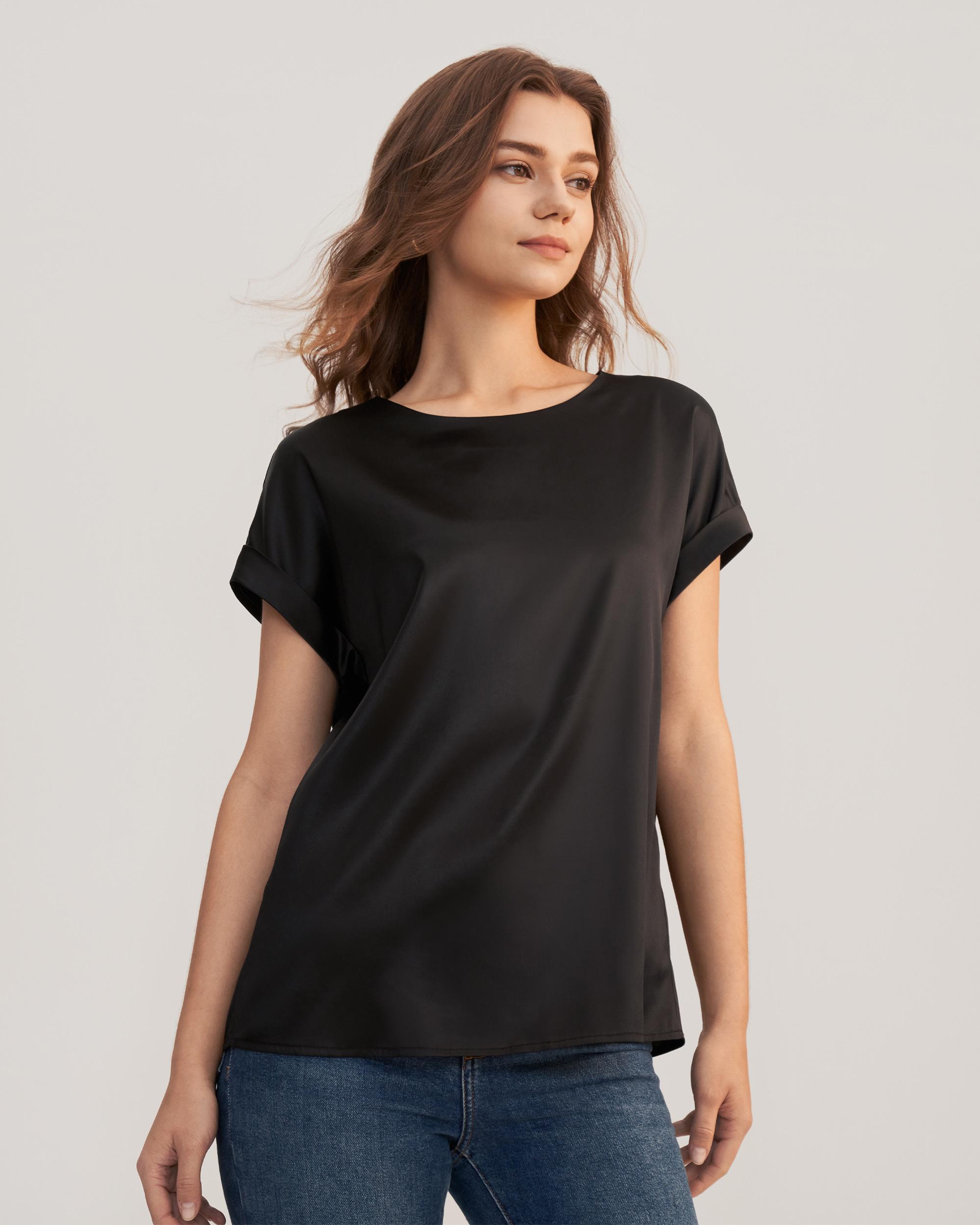 LILYSILK Women Silk Tee Shirts Black Quality Stretchy Silk Soft Classic Round Neck Rolled Cuffs Silk Top XS Product Image