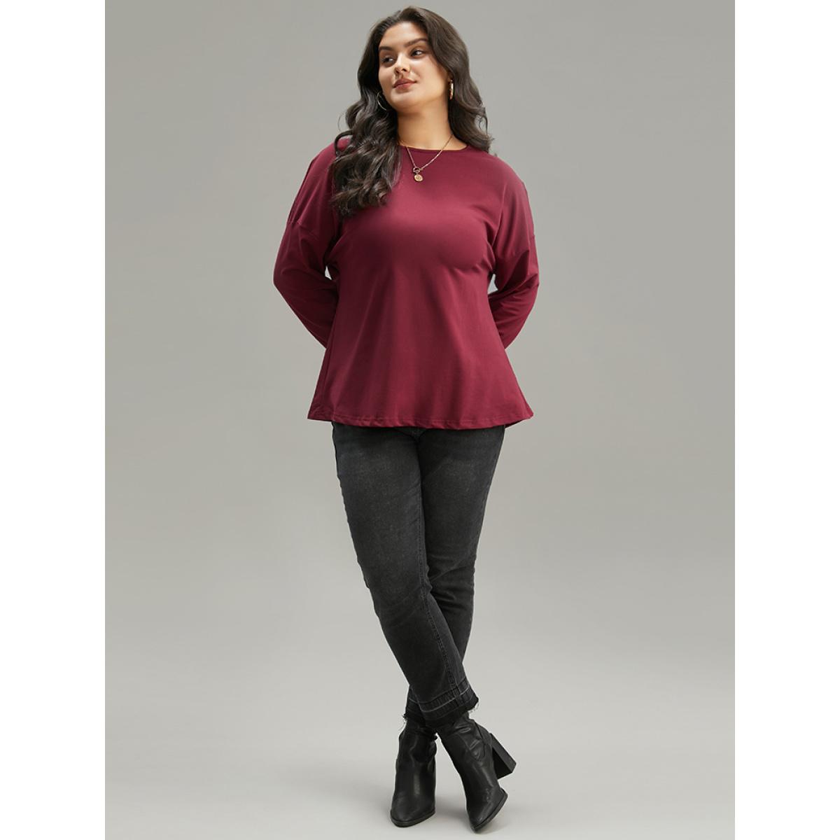 Plus Size Plain Guipure Lace Crisscross Cut Out Sweatshirt Women Burgundy Elegant Elastic cuffs Round Neck Dailywear Sweatshirts BloomChic 10/M Product Image