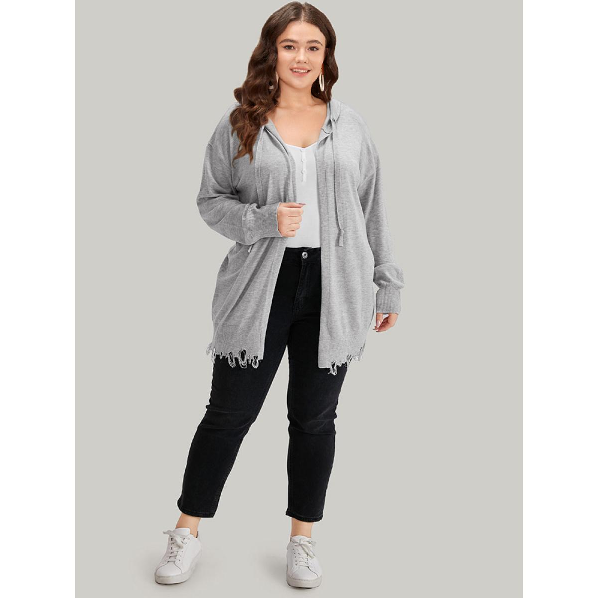 Plus Size Supersoft Essentials Solid Hooded Raw Hem Drawstring Cardigan LightGray Women Casual Loose Long Sleeve Dailywear Cardigans BloomChic 22-24/3X Product Image