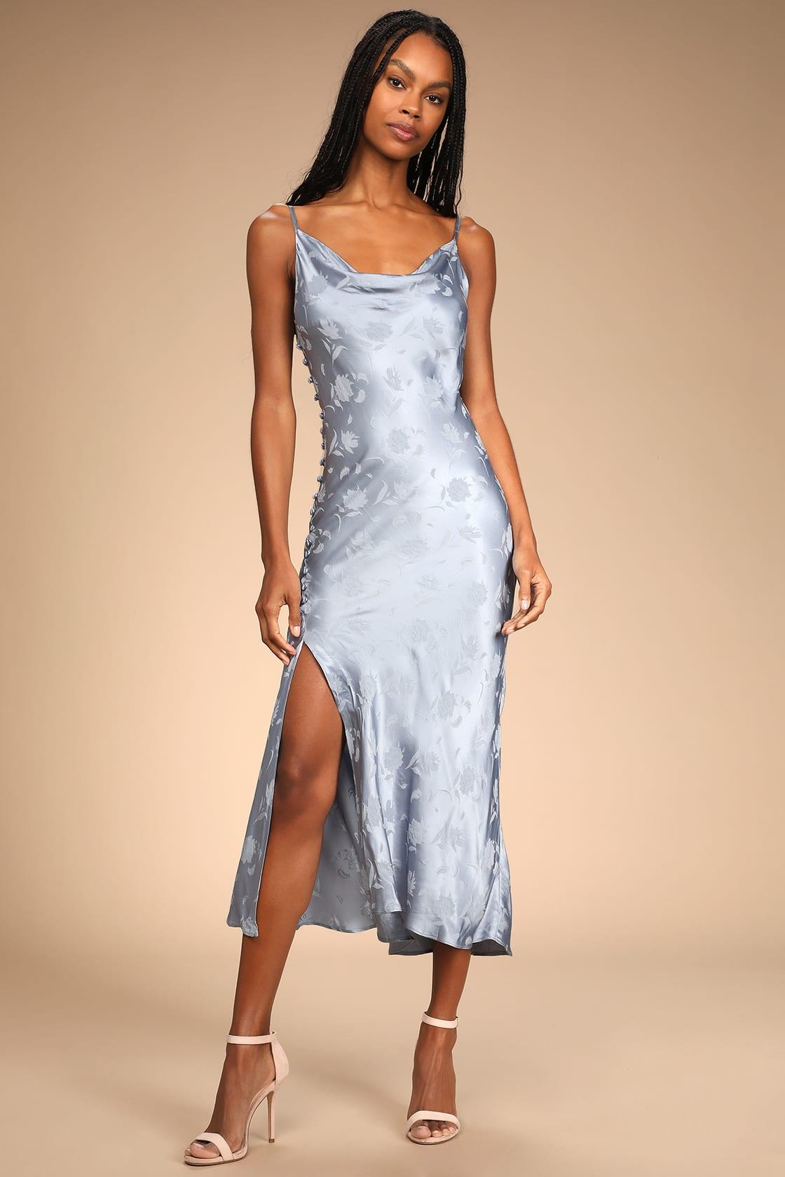 All About You Slate Blue Floral Jacquard Satin Midi Dress Product Image