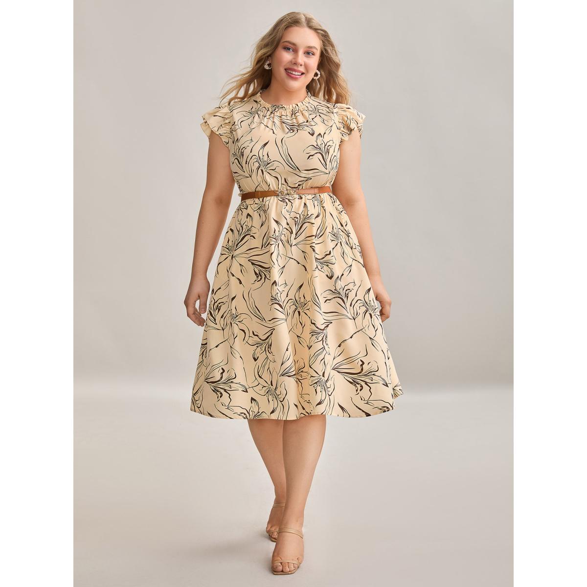 Plus Size Abstract Print Mock Neck Midi Dress Apricot Women Elegant Frill Trim Mock Neck Cap Sleeve Curvy BloomChic 22-24/3X Product Image