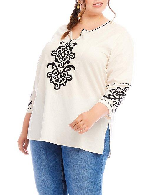Karen Kane Plus Size Lightweight Cotton Embriordered Split Round V-Neck 3/4 Sleeve Tunic Product Image